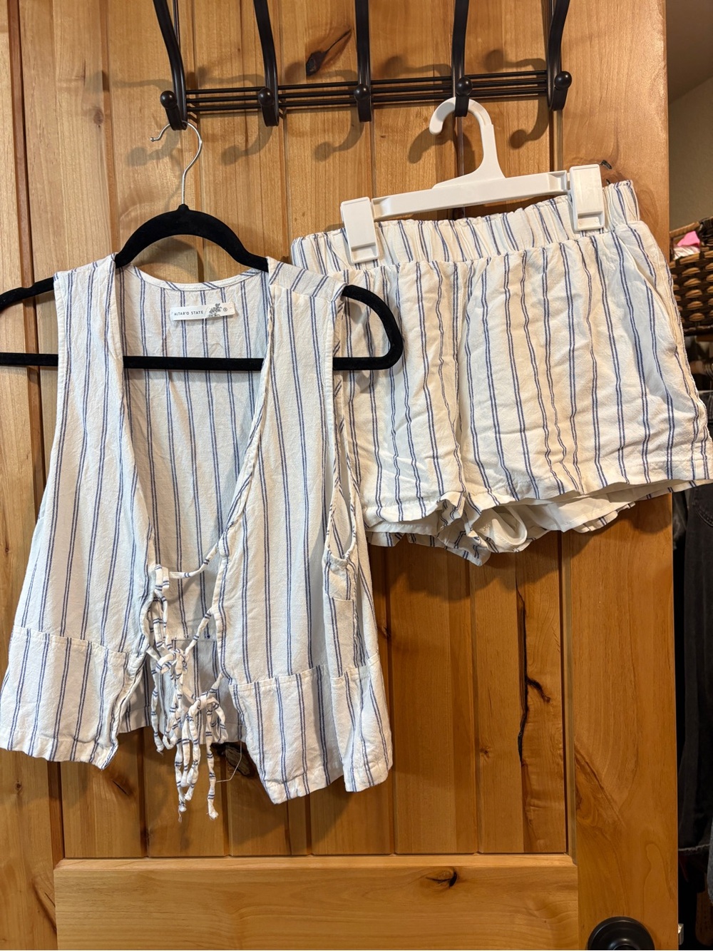 Altar'd State White and Blue Striped Lace-Up Crop Top & Shorts Set